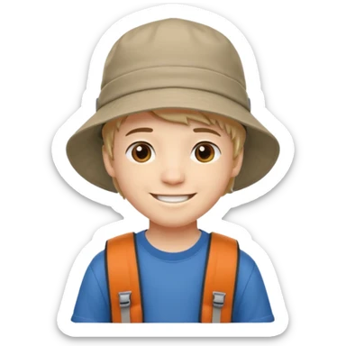 a young student boy with the backpack with bucket hat sticker