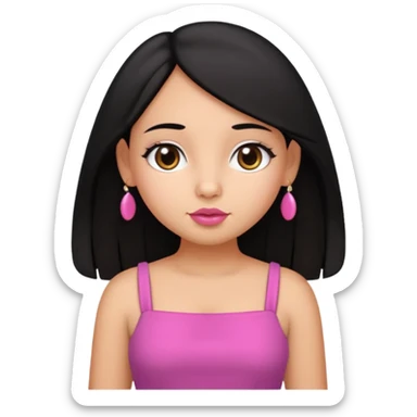 Gordita, ojos pequeños de color cafe oscuro, labios pequeños y rosados, piel trigueña, orejas pequeñas, cabello largo lazio y negro, pequeña. cuerpo completo. sticker