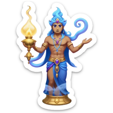 mystical fantasy illustration of a powerful jinn emerging from an ancient golden lamp. Glowing blue and purple smoke spirals upward in a smooth circular motion, creating the illusion of a looping animation.  sticker