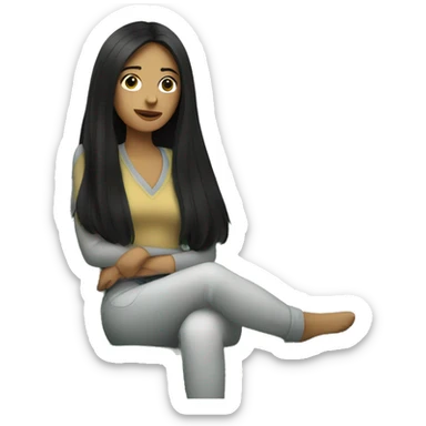 woman with long black hair sitting on a couch with a bunch of seaweed sticker