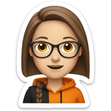 white woman with glasses with long straight brown hair waving wearing a dark orange shirt and black hoodie sticker