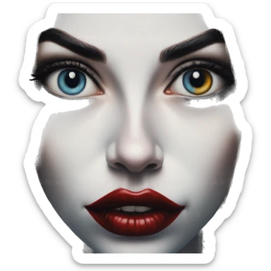 Love in Harley Quinn style, oil paint, mysterious eyes, intricate lips, masterpiece portrait, odd perspective, beautiful, desirable, logical sticker