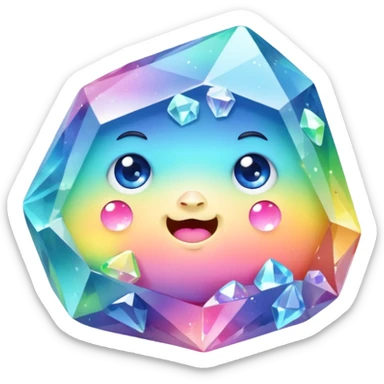 A single pastel rainbow crystal rock character, chubby and heavy with a chunky, irregular polygon shape,covered in faceted crystal planes and small chips, big glossy rainbow eyes  sticker