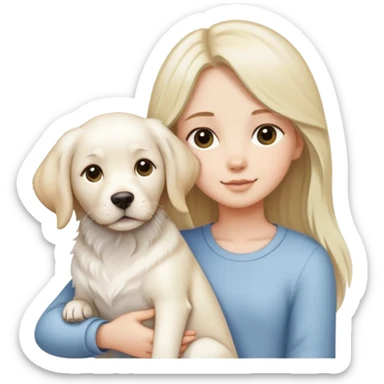 A long-haired girl and a medium-length-haired girl holding a white Labrador sticker