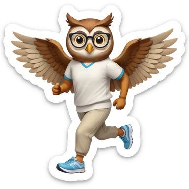 friendly anthropomorphised owl with visible wings, in pants and a shirt, wearing glasses, jogging upright, standard pose sticker