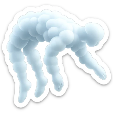 side view of unconscious person flying upwards by torso, legs and arms downwards, made of small very bright white fluffy convex clouds, matte glass style sticker