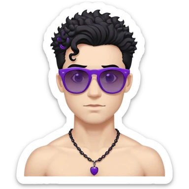 shirtless male athlete with white skin and moderately curly black hair on top with shaved sides, wearing purple sunglasses with black tinted lenses and a plain black chain necklace without pendant sticker