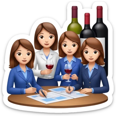 Make a photo of 5 project managers, specifically 3 girls with brown hair and 2 boys, that are making project for improvement of the winery sticker