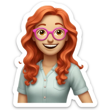 Pale, Long Wavy haired red head, girl with pink circular glasses glasses laughing and pointing sticker