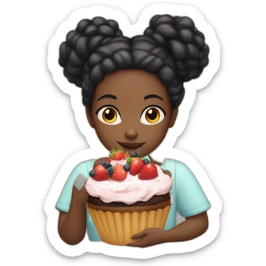 A black girl, black hair in a bun, eat cake separate fruits sticker