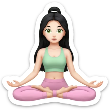 Girl with super long black hair with light green eyes doing yoga with light pink clothes sticker
