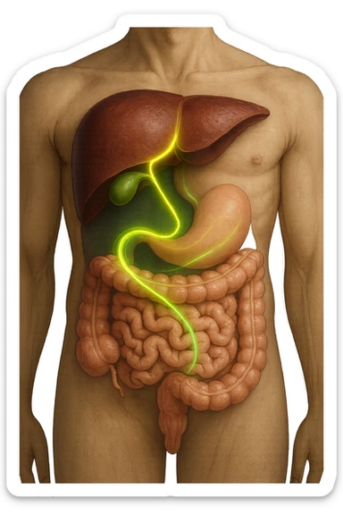 A detailed anatomical illustration-style image focusing on the human torso, highlighting the liver, gallbladder (cistifellea), and intestines. The organs are shown with realistic textures and colors: the liver in deep reddish-brown, the gallbladder as a small greenish sac tucked under the liver, and the intestines in soft pinkish hues. Connecting these organs are glowing, semi-transparent lines or light trails in vibrant colors (e.g., bright yellow or green) that visually trace the functional and physiological links between them. The lines flow smoothly from the liver to the gallbladder and then down to the intestines, symbolizing bile flow and digestive processes. The background is a subtle dark gradient that enhances the brightness and clarity of the lines and organs. The style is a blend of medical illustration and modern digital art, clear, precise, and visually engaging sticker