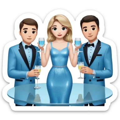 Sabrina’s carpenter in a light blue sparkly dress at a table with 3 handsome men facing each other and she is standing up putting her hand out. There are drinks on the table  sticker