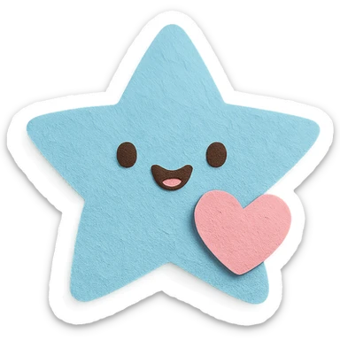 Happy pastel blue star with a tiny pastel heart in front, no arms or legs, full body, transparent background, in kawaii paper craft style. sticker