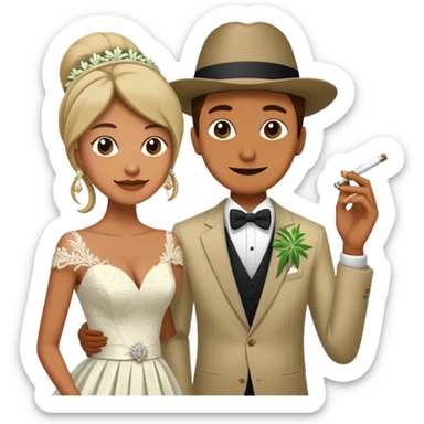 Person in fancy clothes sneaking into a wedding ceremony with a mischievous grin, uninvited guest, smoking cannabis sticker