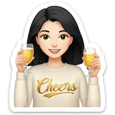 A woman with longer black hair, light to medium skin tone, full cheeks, and almond-shaped eyes, wearing a simple white sweater with the word 'cheers' in gold script, joyful and radiant expression, cheerful. sticker