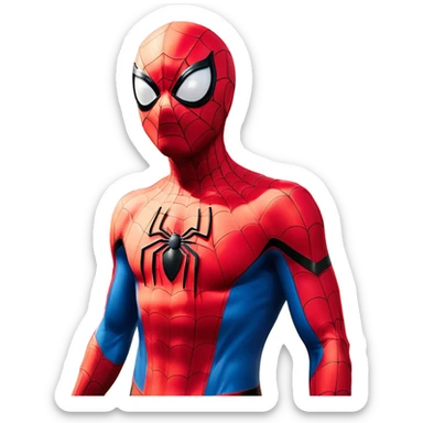 "A highly detailed and realistic Spider-Man standing in a rural farm setting with cows in the background. He has an exaggerated, cartoonishly wide grin, showing big white teeth, and is making a playful gesture by pointing to his head. The scene is bright and colorful, with a mix of realism and surreal humor, giving the image a funny and slightly eerie vibe sticker