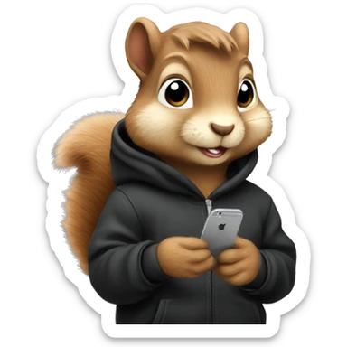 Cute fluffy Squirrel in black hoodie holding an iPhone  sticker