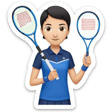 light brown skinned tennis coach, short straight black hair with widow's peak, oval face, small eyes, smiling, holding blue Yonex tennis racket, wearing dark navy blue dry fit shirt sticker