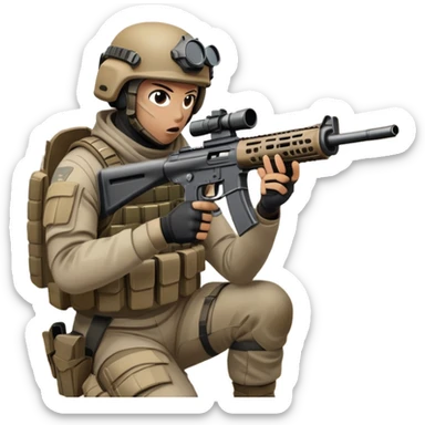 A skilled airsoft player in tactical gear, aiming a gun and shooting metal BBs in a desolate, ruined landscape. The setting is filled with broken walls and debris, creating a tense atmosphere of strategy and precision in a high-stakes tactical environment sticker