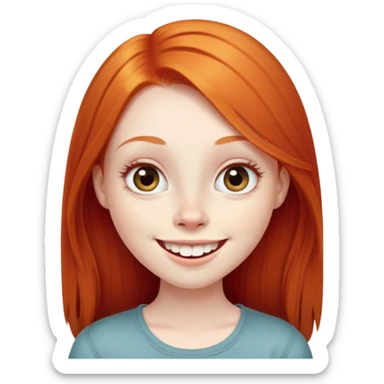 traditional emoji of young girl with very pale skin, long straight bright ginger red hair, very big wide human eyes, wide nose, big smile with extremely large prominent teeth showing, classic round face sticker
