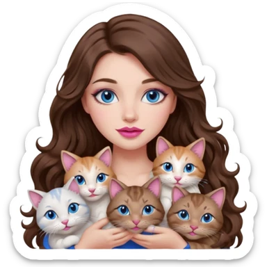 girl with long wavy brown hair, blue eyes, long lashes makeup, sexy pink lips, cuddling with 6 cats sticker