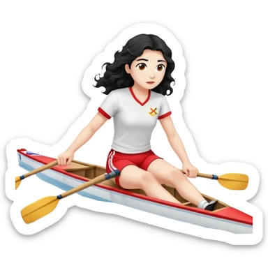girl with long black wavy hair, white skin, wearing red shorts and white short-sleeve t-shirt, sitting in a professional Olympic rowing boat rowing, facing fully right sticker