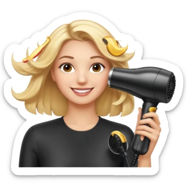 mujer sonriente en la peluquería secándose el cabello con secador, detalles de salón de belleza, estilo emoji apple sticker