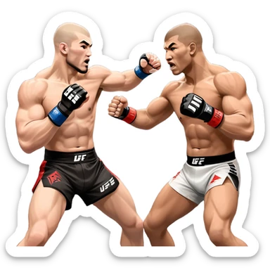 Two MMA fighters in the octagon, one delivering a strong punch while the other defends with a guard. The background shows the UFC octagon with the crowd in the distance. Transparent background emphasizes the dynamic intensity and skill of mixed martial arts. sticker