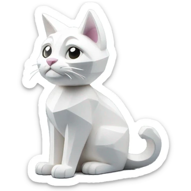 A white cat sculpture with a geometric, faceted design. The cat is standing upright with angular and disney features. The vibrant white color highlights the sharp edges and planes. sticker