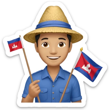 Cambodian man Tourist Guide with small cambodian flag in hand and traditional cambodian hat sticker