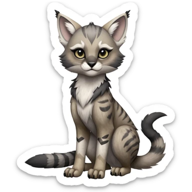 Cute kawaii cool edgy badass  ashen grey fur with smoky charcoal ombré fade fantasy-caracal-civet-genet-sergal-vernid-Gryphon-Cacomistle-Trico-oncilla-animal-Fakémon-hybrid-fursona (full body), facial markings, (realism style) sticker