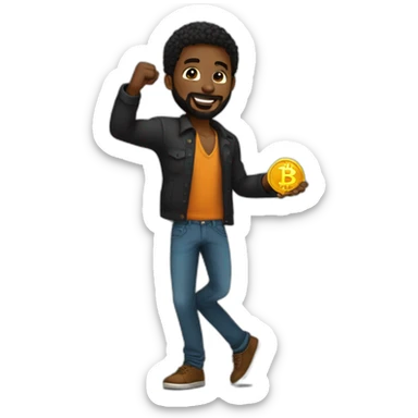 A young black man with beards and a low cut dancing while holding bitcoin in his hands sticker