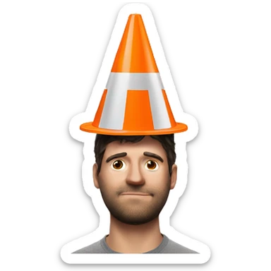 Orange traffic cone on a guy head who hide eyes sticker