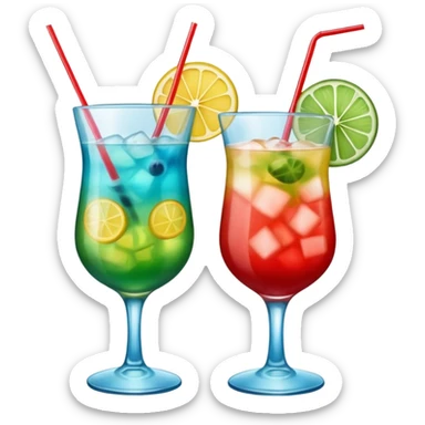 Create two emoji of clear red blended yellow cocktail, cheers with blue blended green cocktail, without any fruit and skewers sticker