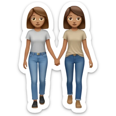 based on emoji style, two people walking together, They are not holding hands. one is brown-haired woman, wearing a shirt,  Another one is a non-binary person, wearing t shirt and jeans, and the second person doesn't have anything on their hands.  sticker