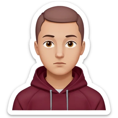 young European man in a maroon hoodie with hood up, short brown buzzcut, smooth skin, oval face, defined jawline, high cheekbones, sharp eyes, straight eyebrows, neutral expression sticker