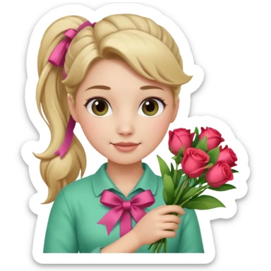 Young female florist – ponytail, holding a bouquet with ribbon sticker