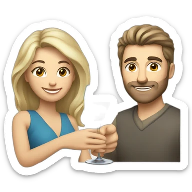 caucasian woman with brown eyes and blond medium long hair and a caucasian man with blue eyes and grey hair, toasting with a glass of white wine sticker