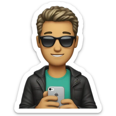 A guy with short hair and sunglasses holds a cell phone in his hand sticker