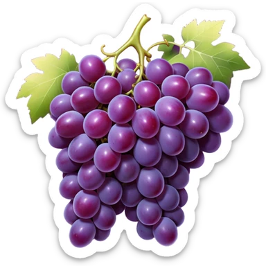 Cinematic Realistic Grapes Emoji, Clustered together in rich purple hues, with smooth, plump skins reflecting light in a glossy, delicate sheen. The stems curve slightly, holding the clusters together like a sweet, natural treasure. Soft glowing outline, capturing the essence of natural sweetness and richness in a bunch of ripe grapes! sticker