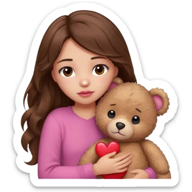 girl with long wavy brown hair, brown eyes, light to medium complexion, in a pink shirt, pink lips, long lashes, sad, hugging a teddy bear with a  heart sticker
