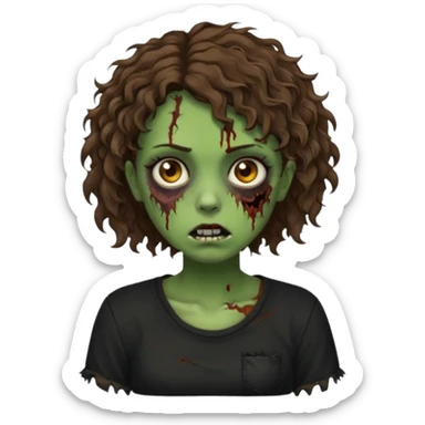 Zombie girl emoji verde com cabelo curto cacheado castanho com uma blusa preta sticker