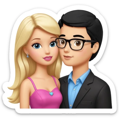 pretty blonde girl barbie kissing nerd with black hair and tan skin on the cheek sticker