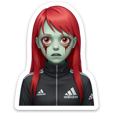 Crie um emoji de uma menina zumbi  com o cabelo vermelho longo com uma franja reta casaco de gola alta da adidas sticker