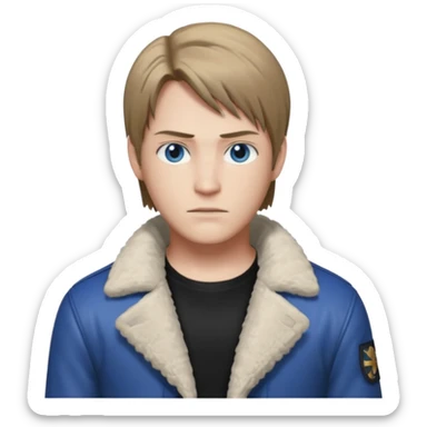 Leon Kennedy from resident evil 4 remake in sheepskin coat and black t-shirt blue eyes clean-shaved sticker
