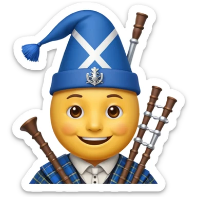 Create a smiling emoji based on "party face with party hat" emoji. Use a blue and white colors from the Scottish Saltire. Include bagpipes next to the emoji, incorporating tartan Blending scottish details blending into the design. sticker