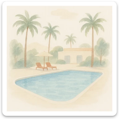soft watercolor illustration in a minimalist modern style of a luxurious resort swimming pool with crystal clear blue water, palm trees around the edges, sunny day, pastel colors, delicate linework, gentle whimsical mood, minimal soft shading sticker