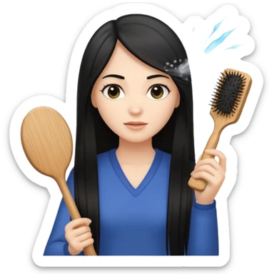A white woman with long, straight black hair, holding a wooden paddle hairbrush in her left hand and spraying a hair mist bottle with her right hand toward her hair. sticker