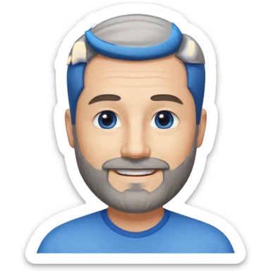 A middle-aged man with a medium black and gray beard, short dark hair cut to the scalp on the sides and combed back on top, blue eyes, smiling, light skin tone sticker